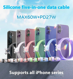60W 5-in-1 Cable USB-A/Type-C to iP/Micro/Type-C Cable Fast Charging Data Transmission Pure Copper Core Line 1M Long for iPhone 16 16 Pro Max 15 Pro 14 13 12 for Huawei Pura X for Samsung Galaxy S25 Ultra for Xiaomi 15 Ultra