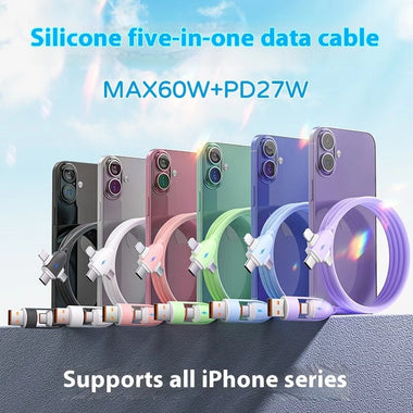 60W 5-in-1 Cable USB-A/Type-C to iP/Micro/Type-C Cable Fast Charging Data Transmission Pure Copper Core Line 1M Long for iPhone 16 16 Pro Max 15 Pro 14 13 12 for Huawei Pura X for Samsung Galaxy S25 Ultra for Xiaomi 15 Ultra