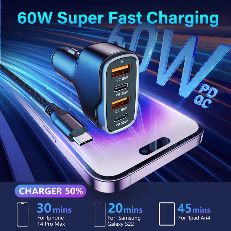 60W Car Charger Fast Charging Dual Pd 30W + Dual QC 3.0 18W Car Charger USB Car Charger for Android for iPhone