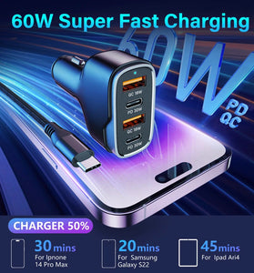 60W Car Charger Fast Charging Dual Pd 30W + Dual QC 3.0 18W Car Charger USB Car Charger for Android for iPhone