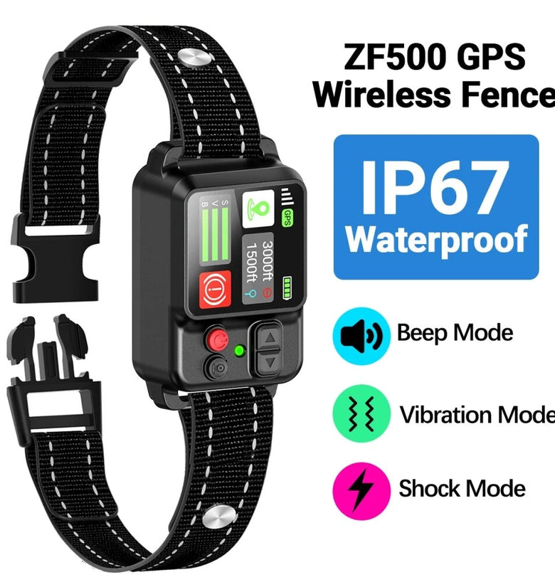 ZF500 GPS Wireless Dog Fence Collar 3-In-1 Safe Beep Vibration Shock Training IP67 Waterproof Type-C Fast Charging Long Runtime Smart GPS Fence Collar for Pet Safety Protection