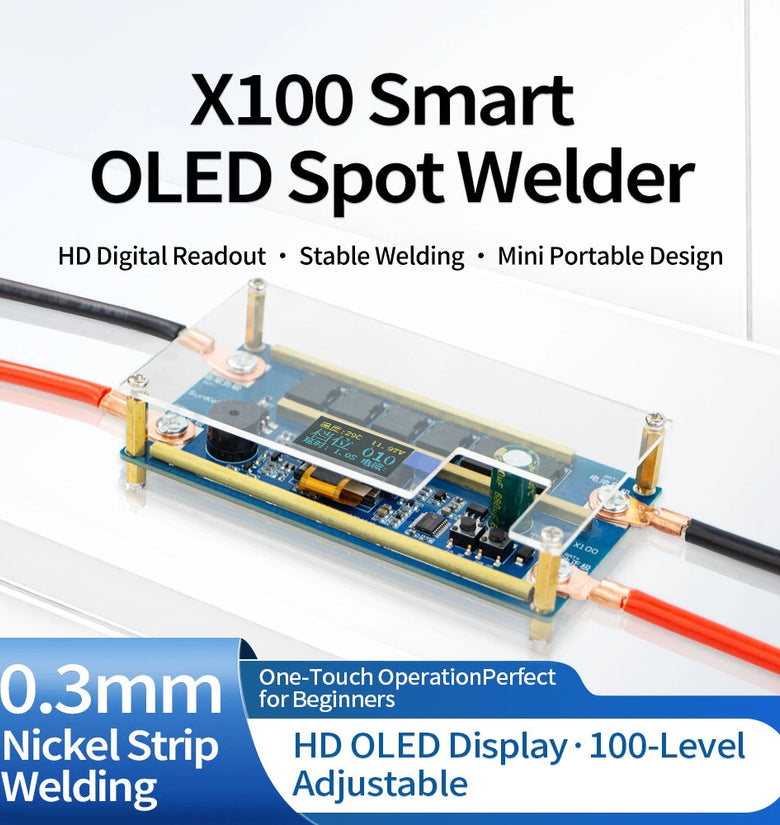 X100 Smart OLED Spot Welder 12V Portable Welding Machine with 100-Level Adjustment for DIY 18650 Battery Pack 0.1-0.3mm Nickel Strip