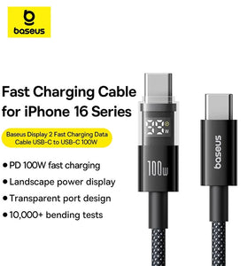 Baseus Display 2 PD100W Type-C to Type-C LED Display Cable Fast Charging Data Transmission Tin-plated Copper Core Line 1M/2M Long for iPhone 16 16 Pro 15 Pro Max for Huawei Mate XT for Xiaomi 15pro for Samsung Galaxy Z Flip6