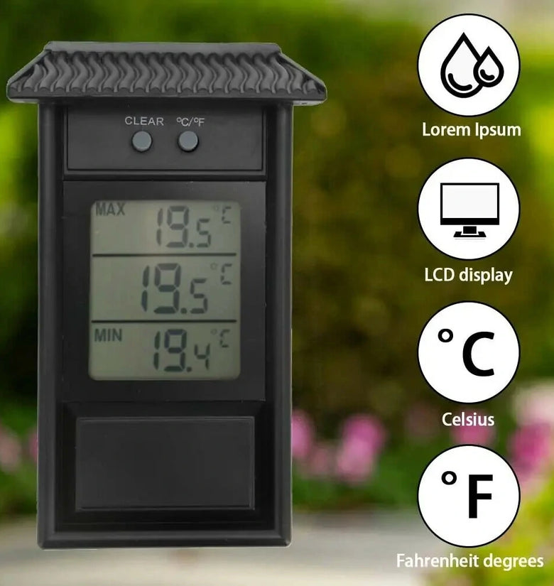 Digital Display Thermometer Max Min Waterproof for Indoor Outdoor Garden-20C to 50C High Accuracy Battery Operated IP45 Black White