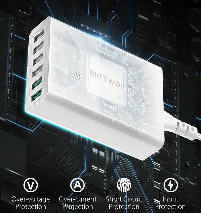 BlitzWolf BW-S15 60W 6-Ports USB Charger Dual QC3.0 Desktop Charging Station Smart Charger EU Plug Adapter