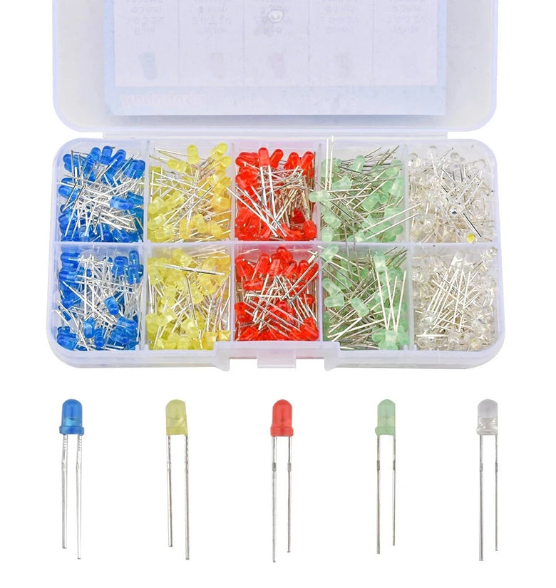 500PCS 3MM LED Diodes Set Multi-Color Red Green Blue Yellow White Clear Lens Round LED Lights Ideal for DIY Electronics Projects
