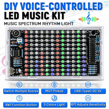 Sound-Controlled LED Music Spectrum Rhythm Light Level Display Kit DC 5V USB Type-C DIY PCB Soldering Audio Frequency Display TJ-56-691
