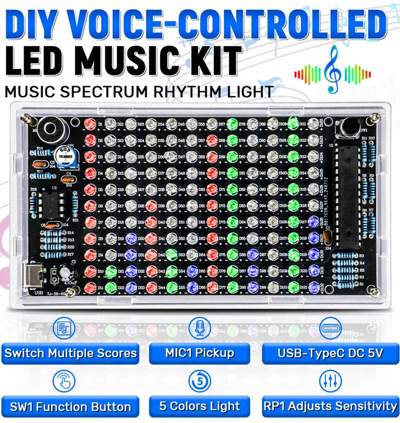 Sound-Controlled LED Music Spectrum Rhythm Light Level Display Kit DC 5V USB Type-C DIY PCB Soldering Audio Frequency Display TJ-56-691