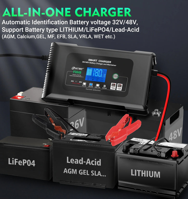 HTRC 36V/18A 48V/13A Car Battery Charger for Golf Cart EZGO TXT Club AGM LiFePO4 PB Lithium Lead Acid Battery Repair EU Plug P3648