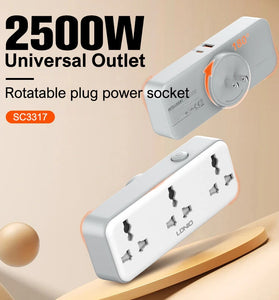 LDNIO SC3317 2500W Rotatable Plug Power Socket with 3AC+USB-A+USB-C PD QC3.0 PPS SCP Fast Charging Power Strip Adapter EU Plug US Plug for iPhone 16 16 Pro 15 14 13 Pro Max for Huawei Mate XT for Xiaomi 15pro