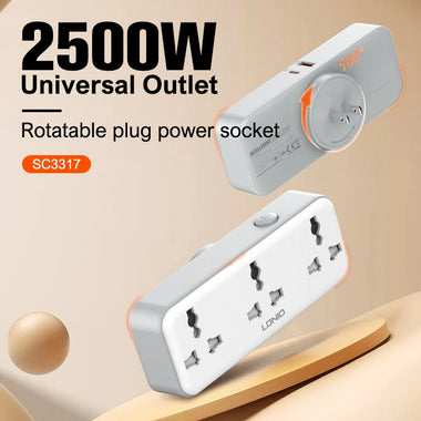 LDNIO SC3317 2500W Rotatable Plug Power Socket with 3AC+USB-A+USB-C PD QC3.0 PPS SCP Fast Charging Power Strip Adapter EU Plug US Plug for iPhone 16 16 Pro 15 14 13 Pro Max for Huawei Mate XT for Xiaomi 15pro