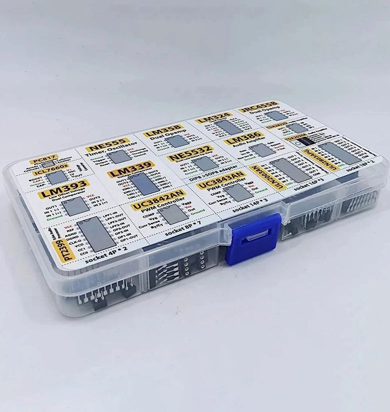 150 Pcs IC Chip Assortment Kit Opamps Oscillator PWM NE555 LM358 LM324 TDA2030 UC3842 ULN2003 with Sockets and Adapter for Electronics DIY Projects