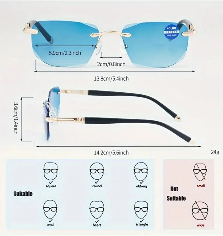 Gradual Blue Lens Frameless Reading Glasses Anti-blue Light UV Protection Comfortable Business Casual Sunglasses with Case