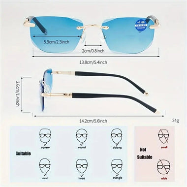Gradual Blue Lens Frameless Reading Glasses Anti-blue Light UV Protection Comfortable Business Casual Sunglasses with Case