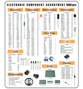 1900PCS Electronic Components Kit Capacitors Resistors Diodes Transistors LEDs PCBs Comprehensive Assortment for DIY Projects and Prototyping