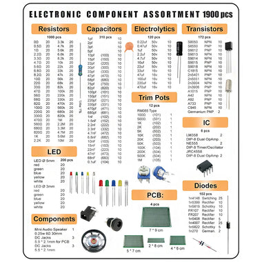 1900PCS Electronic Components Kit Capacitors Resistors Diodes Transistors LEDs PCBs Comprehensive Assortment for DIY Projects and Prototyping