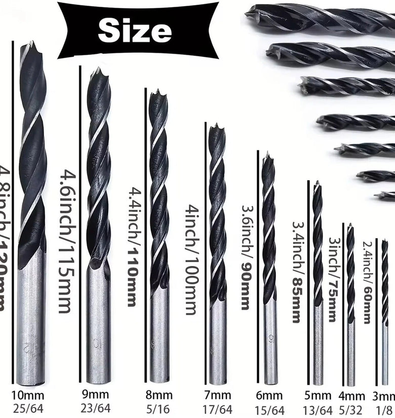 8-Piece Woodworking Drill Bit Set High Carbon Steel Brad-Point Tip 3mm to 10mm Fits Hand Electric Drills with Plastic Case