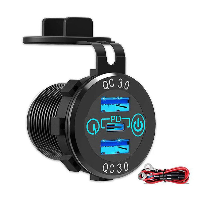12V-24V 60W Triple USB Car Charger Socket PD3.0 & Dual QC3.0 with Touch Switch Fast Charge Adapter Bus Trailer Boats
