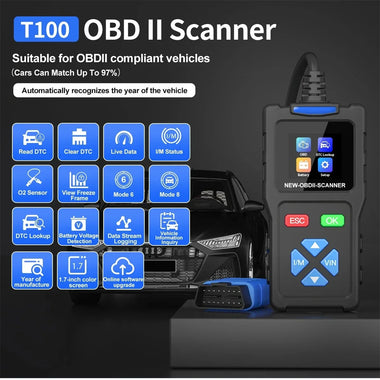 JDiag T100 OBD II Scanner Professional Automotive Diagnostic Tool Supports All OBDII Protocols Fault Code Reader Real-Time Data TFT Color Screen