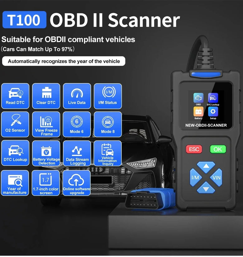 JDiag T100 OBD II Scanner Professional Automotive Diagnostic Tool Supports All OBDII Protocols Fault Code Reader Real-Time Data TFT Color Screen