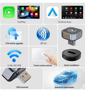 LAESD Q1A 2 in 1 Wireless CarPlay Android Adapter Dual-Band 2.4GHz 5GHz Plug and Play Auto-Reconnect Voice Control Mini USB Dongle Heat Dissipation
