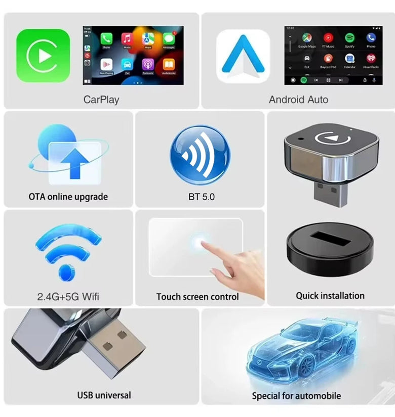 LAESD Q1A 2 in 1 Wireless CarPlay Android Adapter Dual-Band 2.4GHz 5GHz Plug and Play Auto-Reconnect Voice Control Mini USB Dongle Heat Dissipation