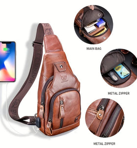 BULLCAPTAIN Mens Genuine Leather USB Charging Large Capacity Business Casual Chest Bag Shoulder Crossbody Bag