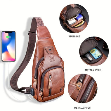 BULLCAPTAIN Mens Genuine Leather USB Charging Large Capacity Business Casual Chest Bag Shoulder Crossbody Bag