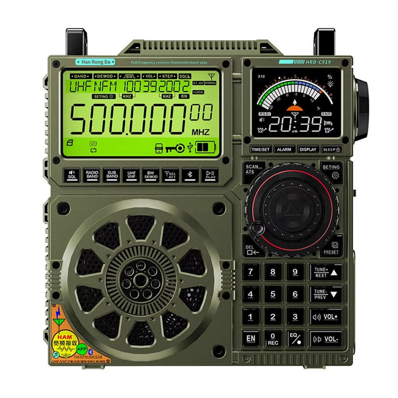 HanRongDa HRD-C919 Multi-band Radio AIR FM MW SW Shortwave VHF UHF WB Portable bluetooth Speaker Aviation Band Radio Receiver 5000mAh Battery Supports TF Card AUX