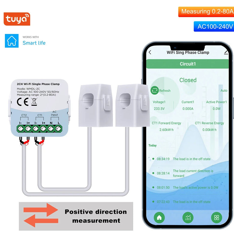 Tuya WiFi Smart Energy Monitor WMDL-2C AC 100-240V 50/60Hz Real-Time Power Usage Tracker High Accuracy 5 Multi-Channel Support Compact Design Home Power Management System WiFi Connectivity