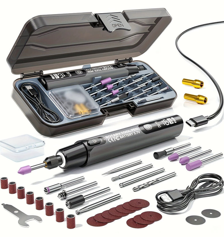 Precision Mini Cordless Rotary Tool Pen Electric Polisher Set 3.7V Rechargeable Wireless 6 Speed Adjustable 5000-16000 RPM LED Display Grinding Heads