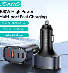 USAMS CC257 C42 100W 3-Port USB PD Car Charger Adapter USB-A+USB-C+iP Support PD QC AFC SCP FCP PPS Fast Charging with Red LED for iPhone 16 16 Pro 15 14 13 Pro Max for Huawei Mate XT for Xiaomi MIX Fold4 for Samsung Galaxy Z Flip6