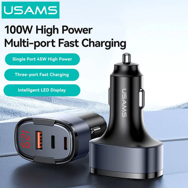 USAMS CC257 C42 100W 3-Port USB PD Car Charger Adapter USB-A+USB-C+iP Support PD QC AFC SCP FCP PPS Fast Charging with Red LED for iPhone 16 16 Pro 15 14 13 Pro Max for Huawei Mate XT for Xiaomi MIX Fold4 for Samsung Galaxy Z Flip6