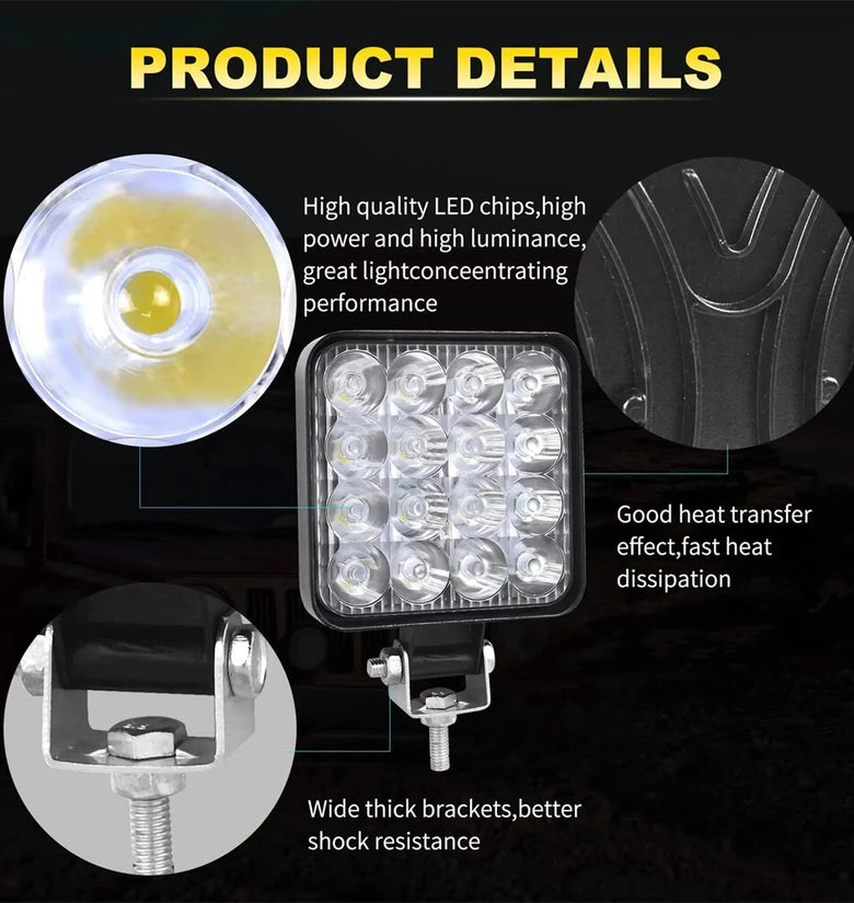 2PCS 48W Floodlight Square Work Light 12V 24V Driving Auxiliary lamp for Jeep Truck Tractor Offroad 4x4 ATV Boat Auto Barra Led Headlight