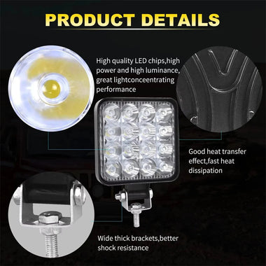 2PCS 48W Floodlight Square Work Light 12V 24V Driving Auxiliary lamp for Jeep Truck Tractor Offroad 4x4 ATV Boat Auto Barra Led Headlight