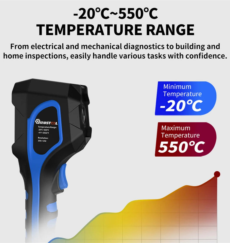 MUSTOOL 256x192 Visible light Thermal Imager Dual lens High Resolution Infrared Camera Wide Temperature Range Industrial 550 Handheld Thermal Imaging Device Rechargeable Battery