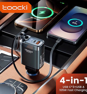 Toocki C42 105W 4-In-1 Digital Display Car Charger Adapter Come with 2 Type-C Integrated Cable+1USB-A+1USB-C PD Fast Charging with Blue LED Display for iPhone 16 16 Pro 15 Pro Max for HUAWEI for SAMSUNG