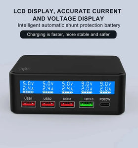 65W 5-Port USB PD Charger 4USB-A+USB-C PD QC3.0 Fast Charging Desktop Charging Station EU Plug for iPhone 15 14 13 for Samsung Galaxy S23 for Huawei Mate60 Pro for Xiaomi 13pro