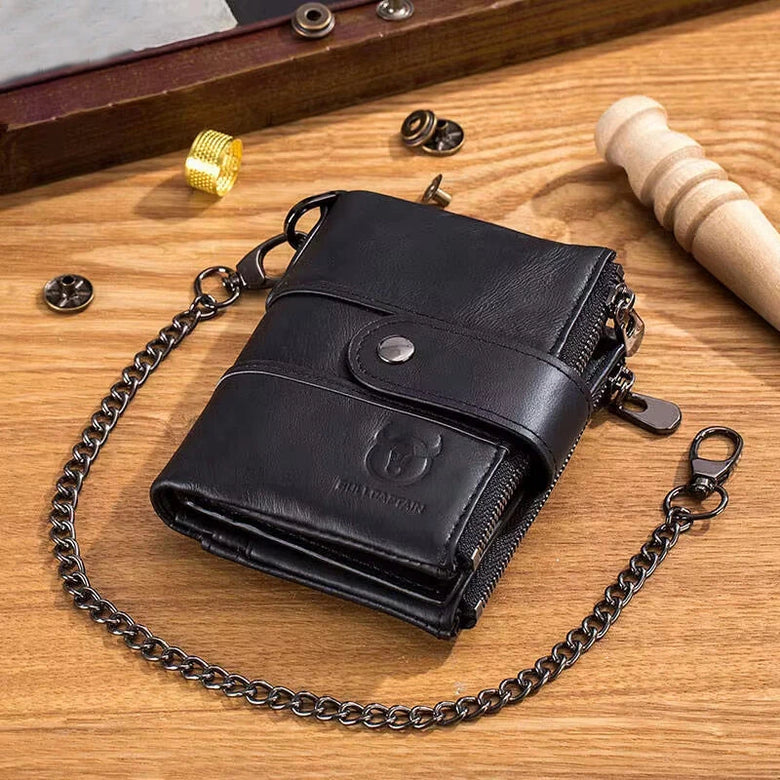 BULLCAPTAIN Cow Leather Men Wallet Short with Chain Multi Card Slot Double Zipper Business Retro Coin Purse Holder Credit Card Organizer Stylish Male Money Clutch Bags
