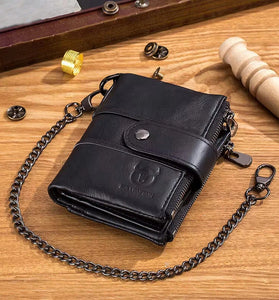BULLCAPTAIN Cow Leather Men Wallet Short with Chain Multi Card Slot Double Zipper Business Retro Coin Purse Holder Credit Card Organizer Stylish Male Money Clutch Bags
