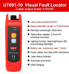 UNI-T UT691-10 Visual Fault Locator 10mW Laser Output 8-10km Fiber Range LED Flashlight USB Rechargeable Fiber Tester