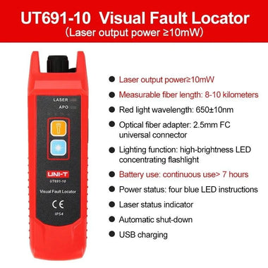 UNI-T UT691-10 Visual Fault Locator 10mW Laser Output 8-10km Fiber Range LED Flashlight USB Rechargeable Fiber Tester