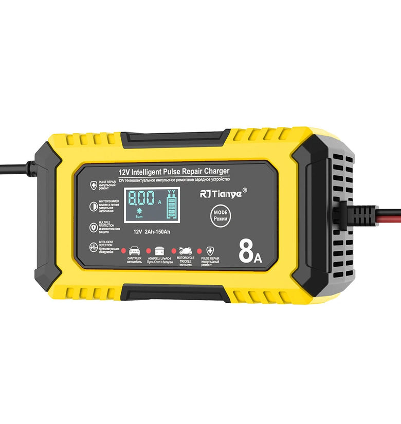 RJTianye 12V 8A 4ah-150ah Intelligent Pulse Repair Charger 110-230V AC Car Motorcycle Battery Charger LiFePO4 Charger Digital LCD Display