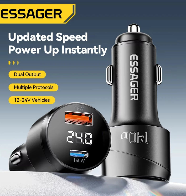 ESSAGER 140W USB-A Type-C Car Charger Multi-Protocol PD Fast Charging Digital Display Aluminum Alloy Universal Fit 12-24V Car