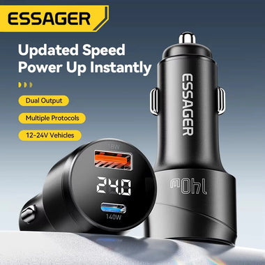 ESSAGER 140W USB-A Type-C Car Charger Multi-Protocol PD Fast Charging Digital Display Aluminum Alloy Universal Fit 12-24V Car
