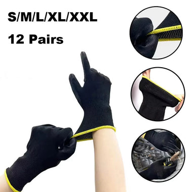 Black Nylon PU Coated Gloves Non Slip Breathable Working Gloves Lightweight Machine Washable for Gardening Woodworking Factory Machinery and Outdoor Tasks
