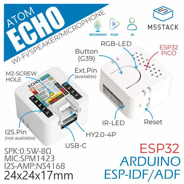 M5Stack ATOM Echo Programmable Mini Smart Speaker Development Kit ESP32 Voice Control Module with BLE/Wi-Fi for IoT Prototyping & DIY Projects