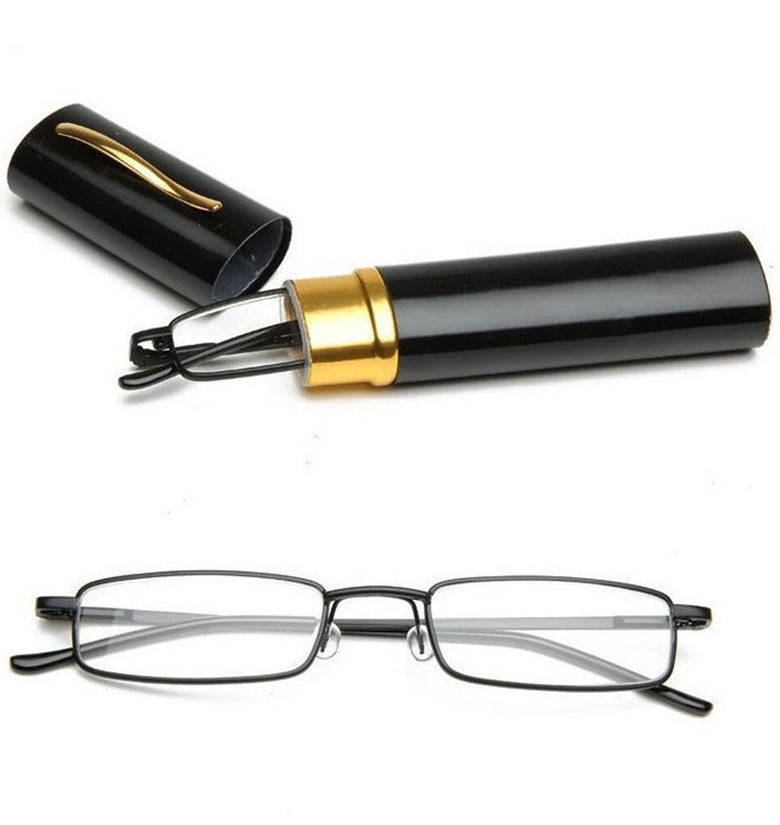 Portable Mini Lightweight Reading Glasses with Pen Tube Case Anti-blue Light Presbyopic Glasses Metal Case Women Men Eyeglasses +1.5-+3.5