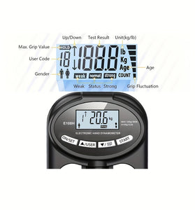 Hand Dynamometer Digital Grip Strength Tester 265 lb 120 kg Max Rechargeable Battery USB LED Display Windproof Rubberized Indoor Outdoor Use