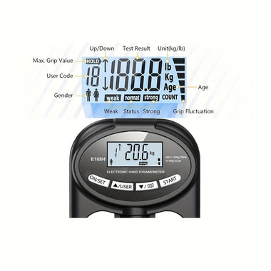 Hand Dynamometer Digital Grip Strength Tester 265 lb 120 kg Max Rechargeable Battery USB LED Display Windproof Rubberized Indoor Outdoor Use
